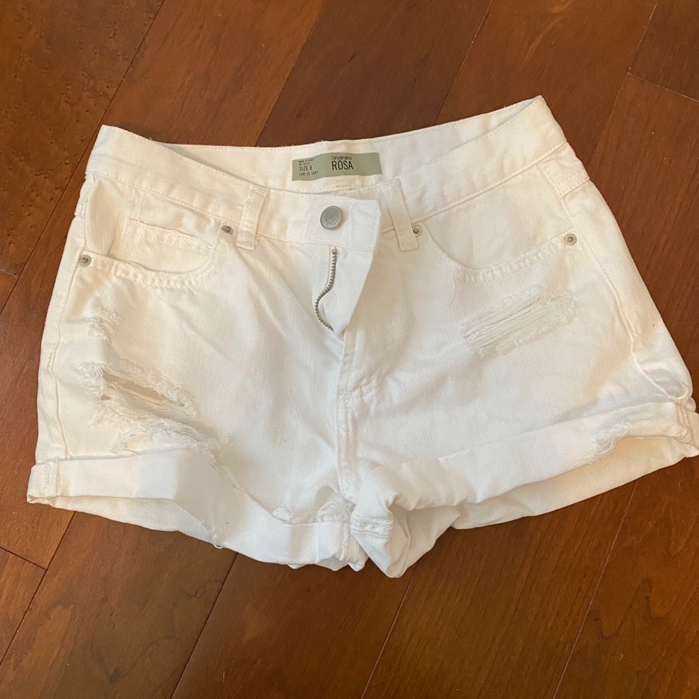 Topshop moto rosa white jean shorts